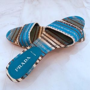 Prada Blue and White Logo Wooden Mule Sandal Size 39
